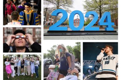 Collage of Bentley Class of 2024 highlights including President Chrite's inauguration, Jack Harlow performance, senior champagne toast, total solar eclipse and move-in day